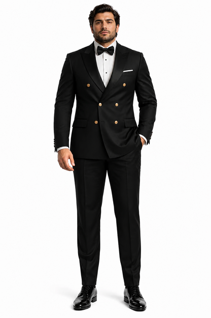 Men's Black Double-Breasted Tuxedo - Classic Shawl Lapel Suit with Gold Buttons for Weddings, Galas, and Black Tie Events