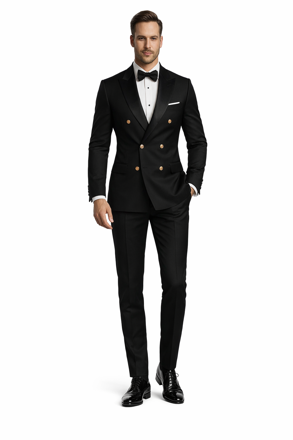 Men's Black Double-Breasted Tuxedo - Classic Shawl Lapel Suit with Gold Buttons for Weddings, Galas, and Black Tie Events