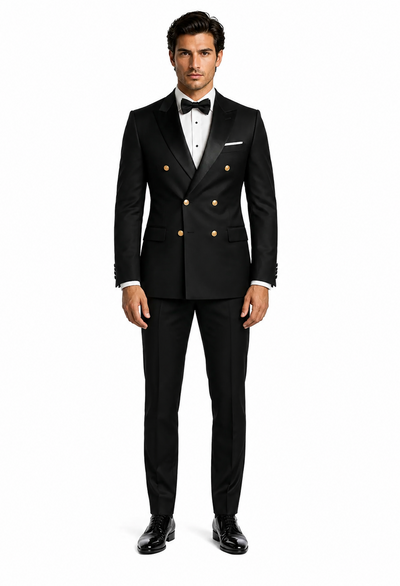Men's Black Double-Breasted Tuxedo - Classic Shawl Lapel Suit with Gold Buttons for Weddings, Galas, and Black Tie Events