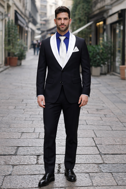 Elegant Men’s Black Tuxedo Suit with White & Sky Blue Lapel – Wedding Wear