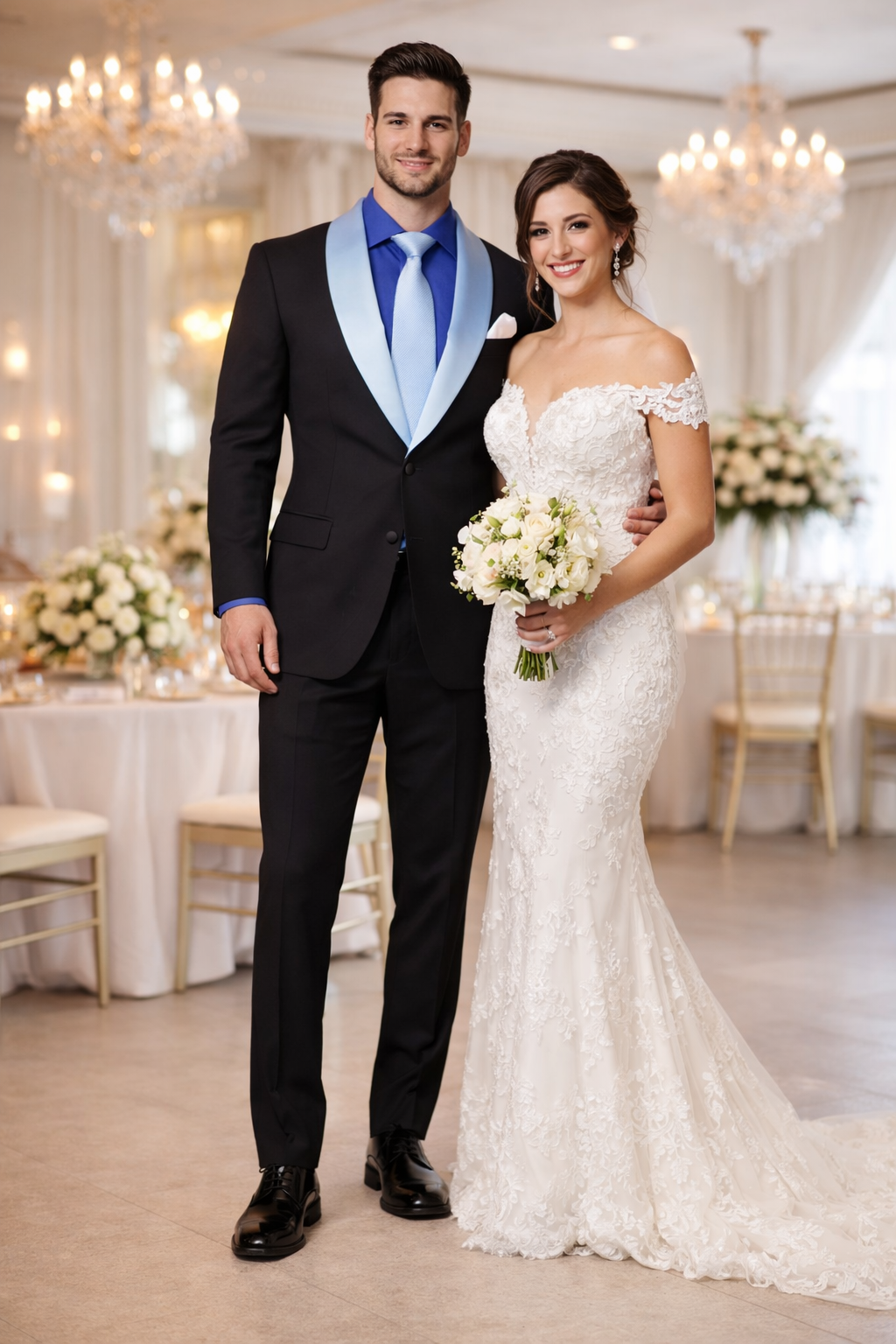 Elegant Men’s Black Tuxedo Suit with White & Sky Blue Lapel – Wedding Wear