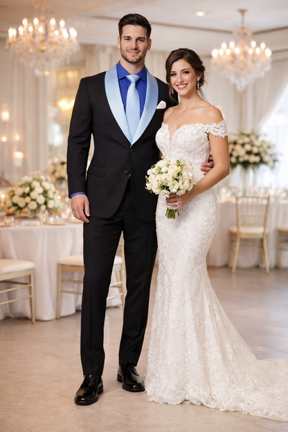 Elegant Men’s Black Tuxedo Suit with White & Sky Blue Lapel – Wedding Wear