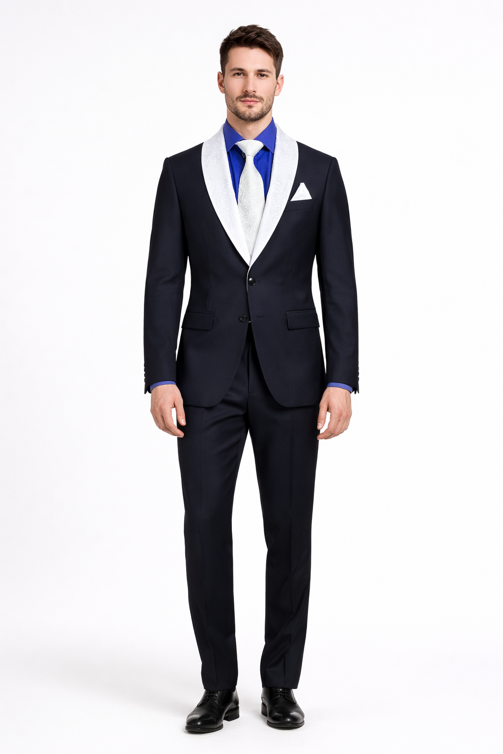 Elegant Men’s Black Tuxedo Suit with White & Sky Blue Lapel – Wedding Wear
