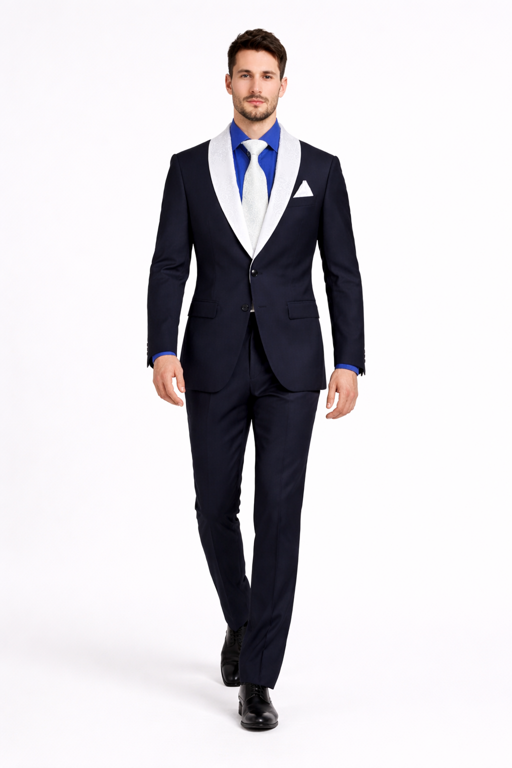Elegant Men’s Black Tuxedo Suit with White & Sky Blue Lapel – Wedding Wear
