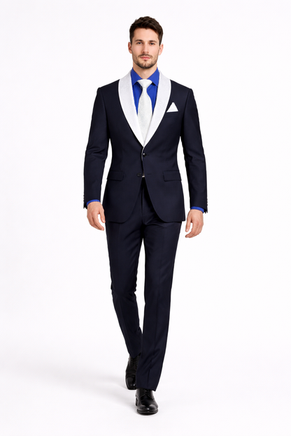 Elegant Men’s Black Tuxedo Suit with White & Sky Blue Lapel – Wedding Wear