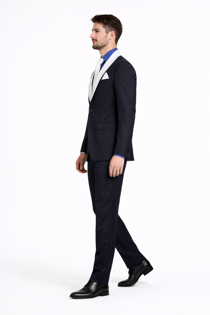 Elegant Men’s Black Tuxedo Suit with White & Sky Blue Lapel – Wedding Wear
