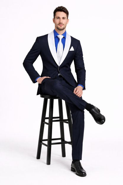 Elegant Men’s Black Tuxedo Suit with White & Sky Blue Lapel – Wedding Wear