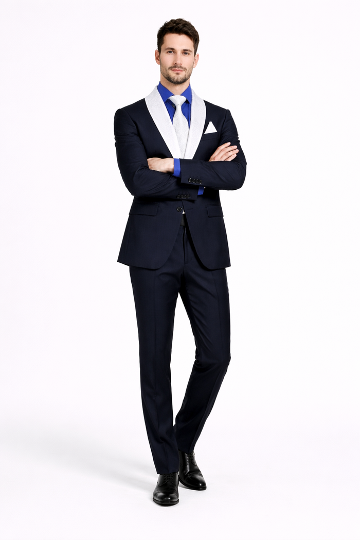 Elegant Men’s Black Tuxedo Suit with White & Sky Blue Lapel – Wedding Wear