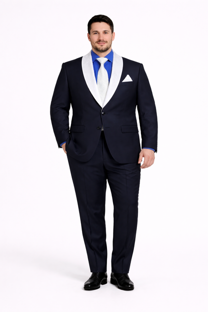 Elegant Men’s Black Tuxedo Suit with White & Sky Blue Lapel – Wedding Wear