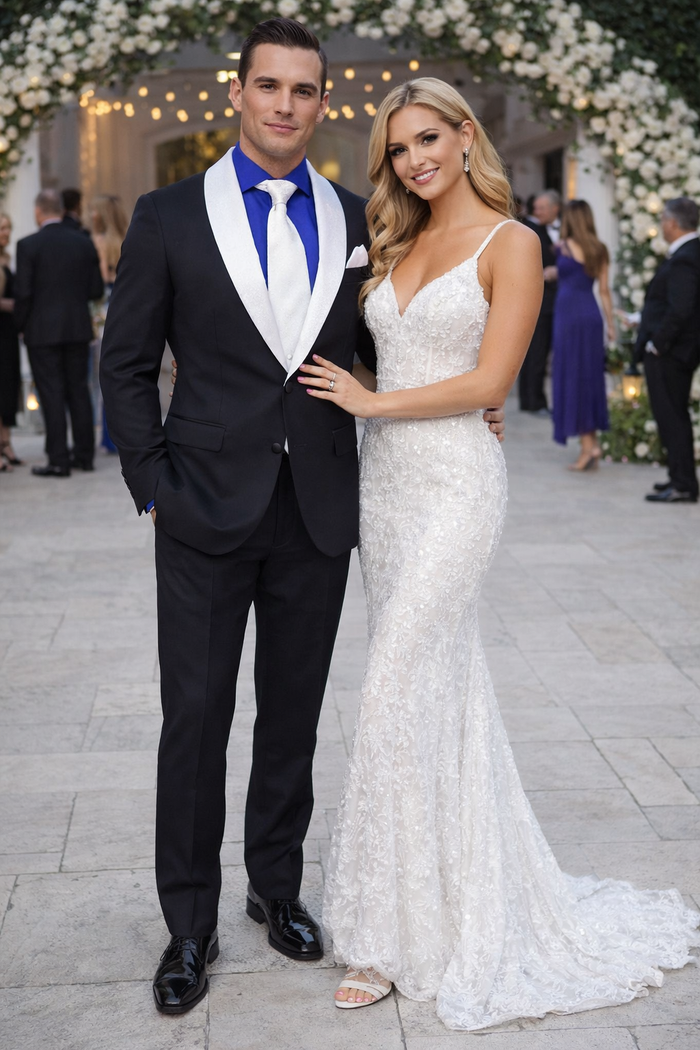 Elegant Men’s Black Tuxedo Suit with White & Sky Blue Lapel – Wedding Wear