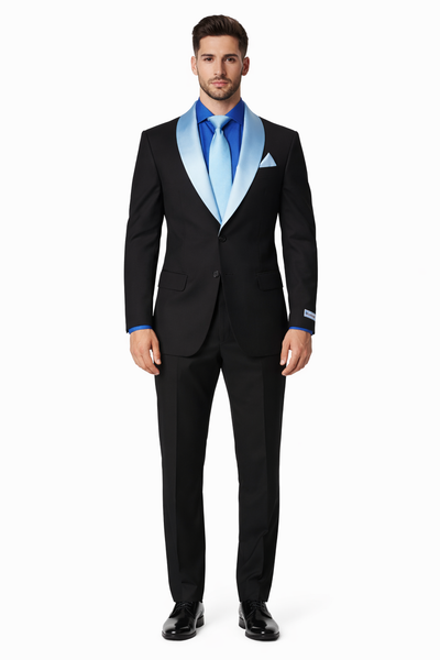 Elegant Men’s Black Tuxedo Suit with White & Sky Blue Lapel – Wedding Wear