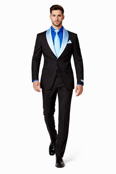 Elegant Men’s Black Tuxedo Suit with White & Sky Blue Lapel – Wedding Wear