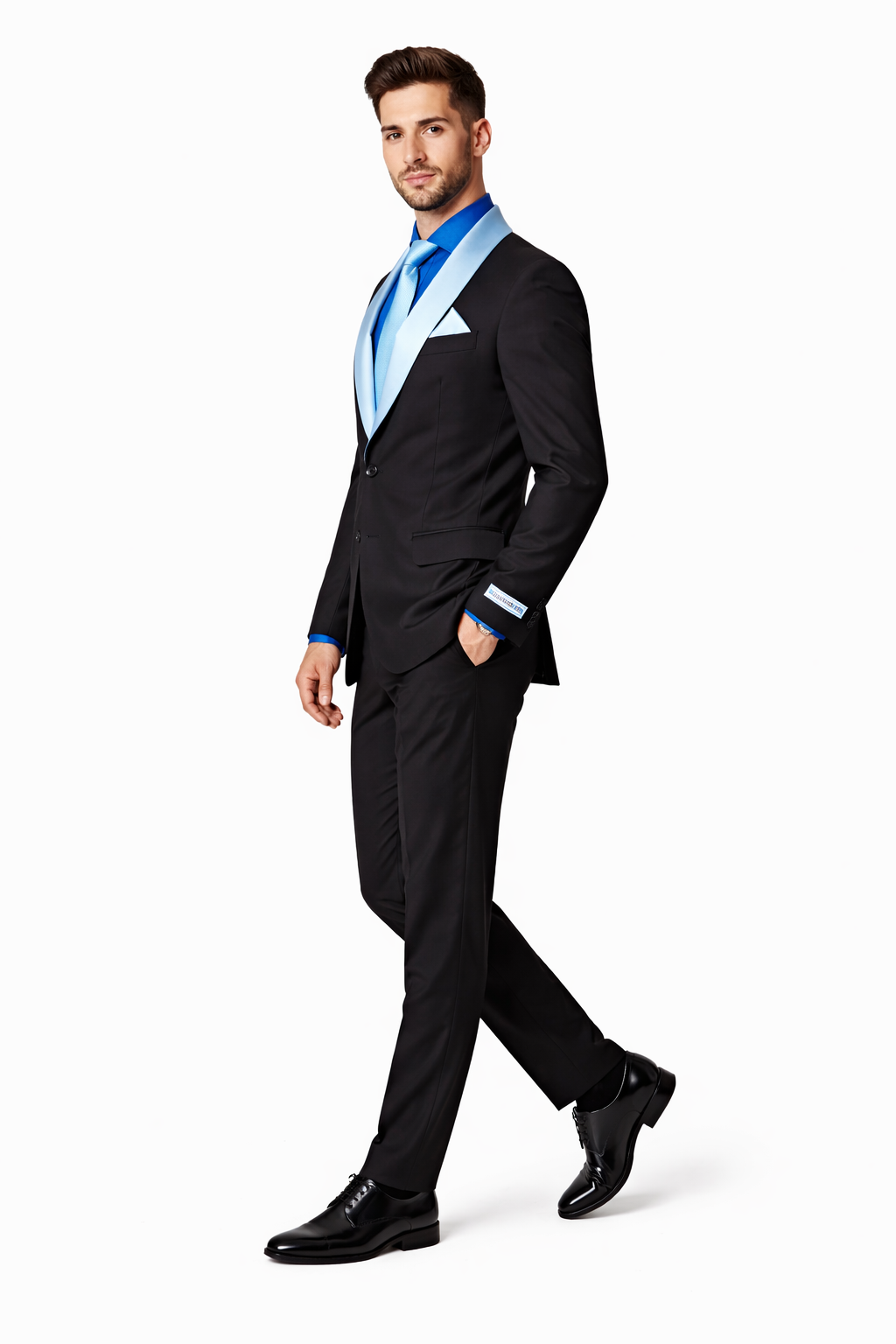 Elegant Men’s Black Tuxedo Suit with White & Sky Blue Lapel – Wedding Wear