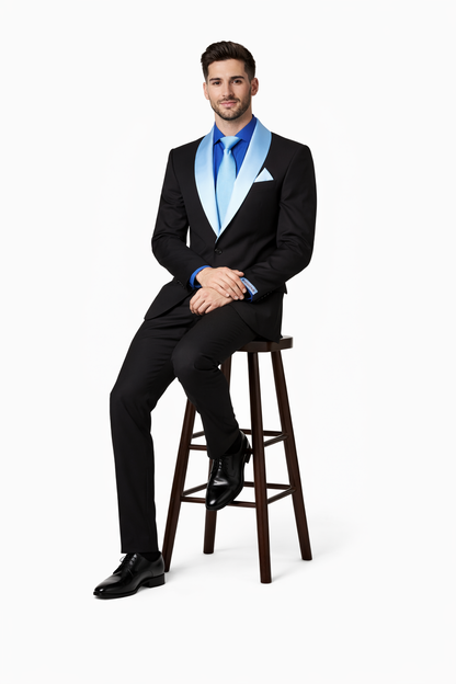 Elegant Men’s Black Tuxedo Suit with White & Sky Blue Lapel – Wedding Wear