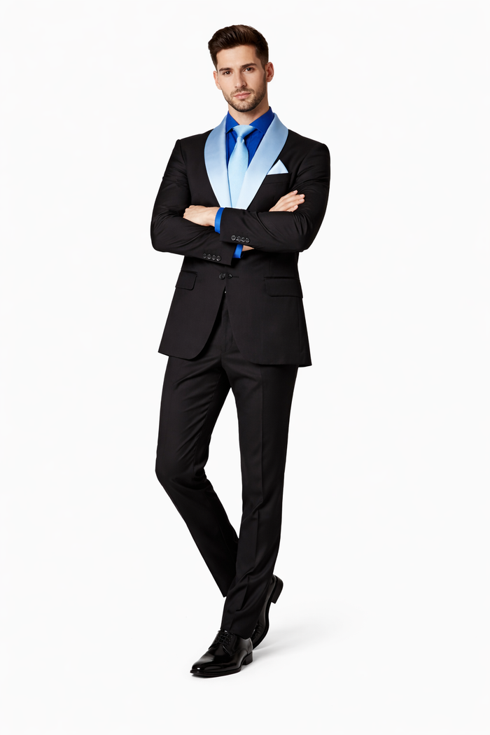 Elegant Men’s Black Tuxedo Suit with White & Sky Blue Lapel – Wedding Wear