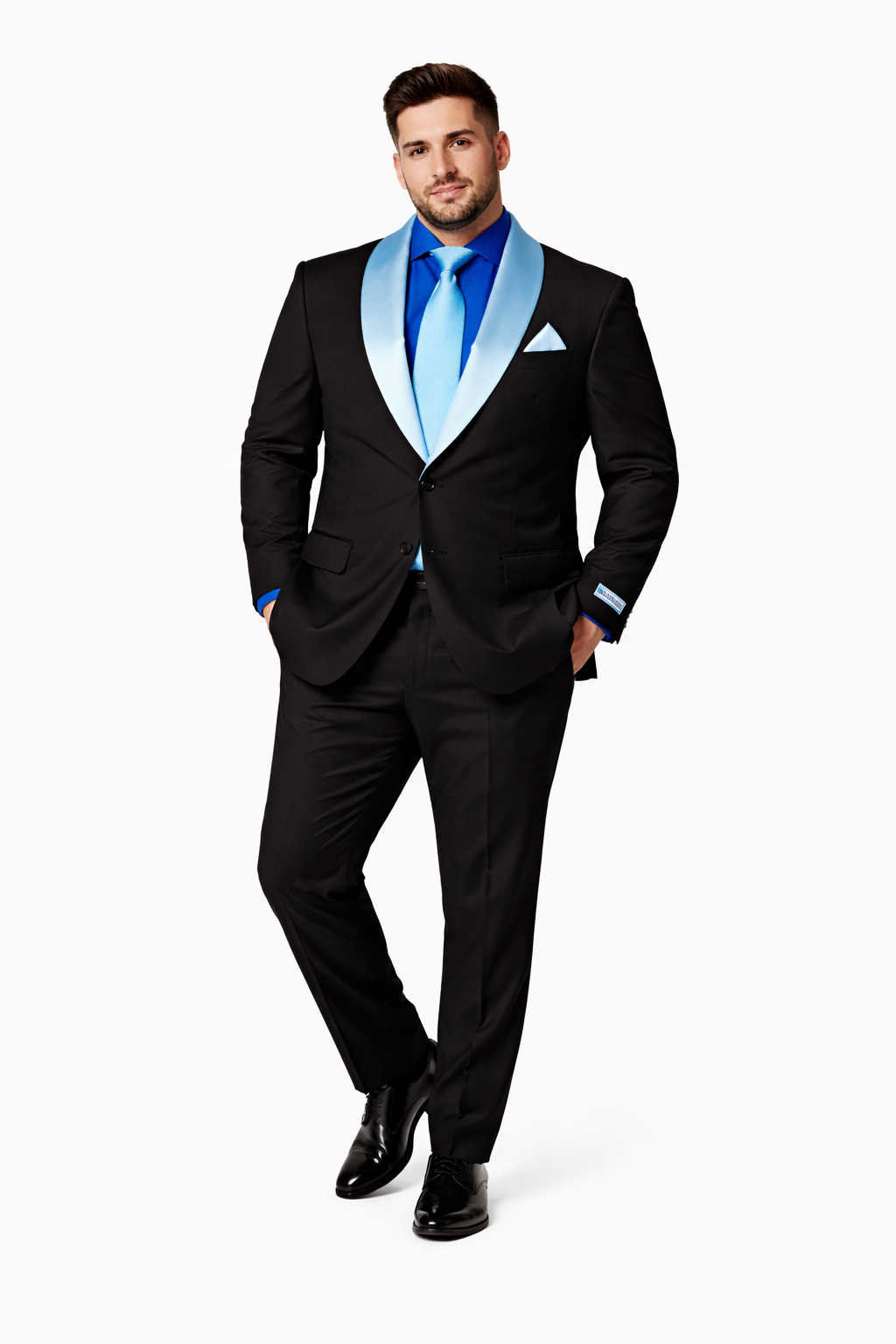 Elegant Men’s Black Tuxedo Suit with White & Sky Blue Lapel – Wedding Wear