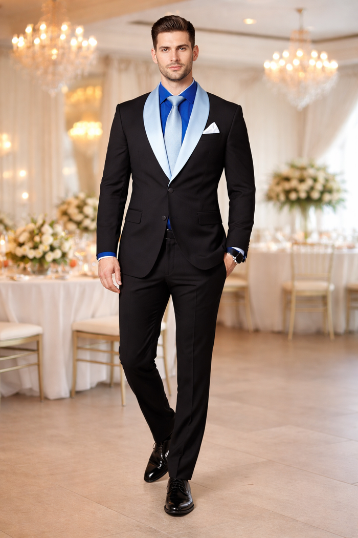 Elegant Men’s Black Tuxedo Suit with White & Sky Blue Lapel – Wedding Wear