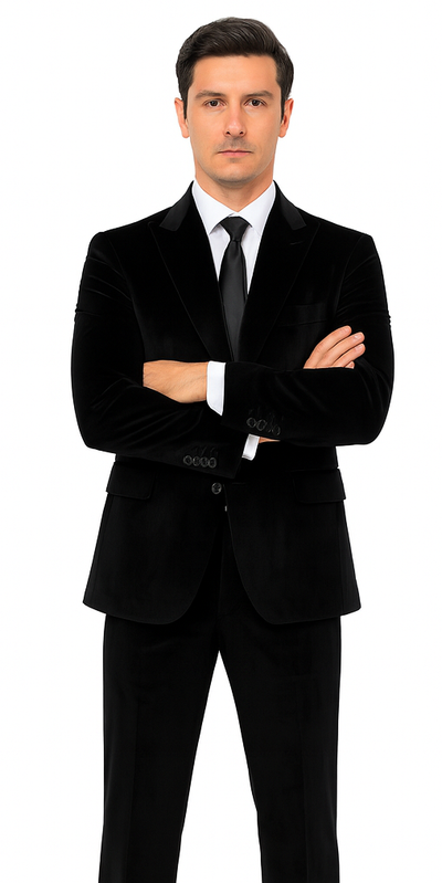 Men’s Black Velvet Peak Lapel Suit – 2-Piece Skinny Fit Formalwear by Tazzio 7 M425SK-01-42R  - from alligatorwarehouse.com