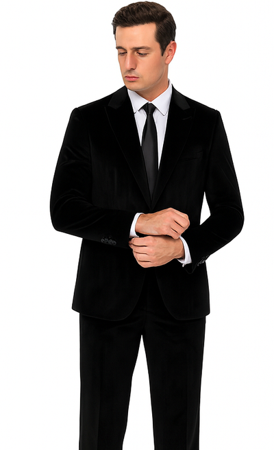 Men’s Black Velvet Peak Lapel Suit – 2-Piece Skinny Fit Formalwear by Tazzio 8 M425SK-01-42R  - from alligatorwarehouse.com