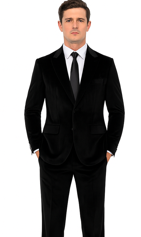 Men’s Black Velvet Peak Lapel Suit – 2-Piece Skinny Fit Formalwear by Tazzio