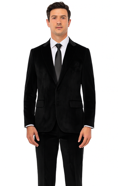 Men’s Black Velvet Peak Lapel Suit – 2-Piece Skinny Fit Formalwear by Tazzio 2 M425SK-01-42R  - from alligatorwarehouse.com