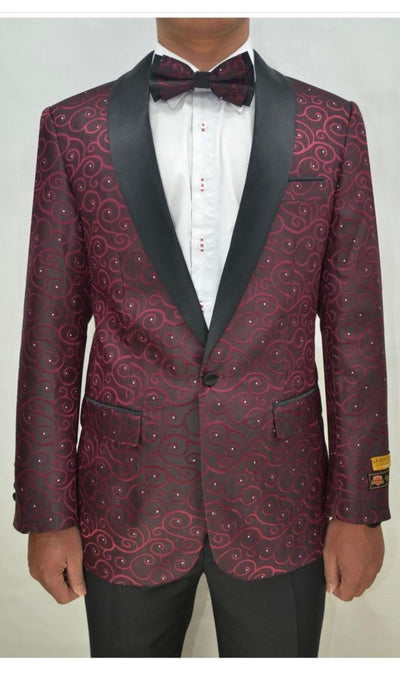 Men’s Burgundy Paisley Tuxedo Jacket with Black Satin Lapel With Bowtie 6   - from alligatorwarehouse.com
