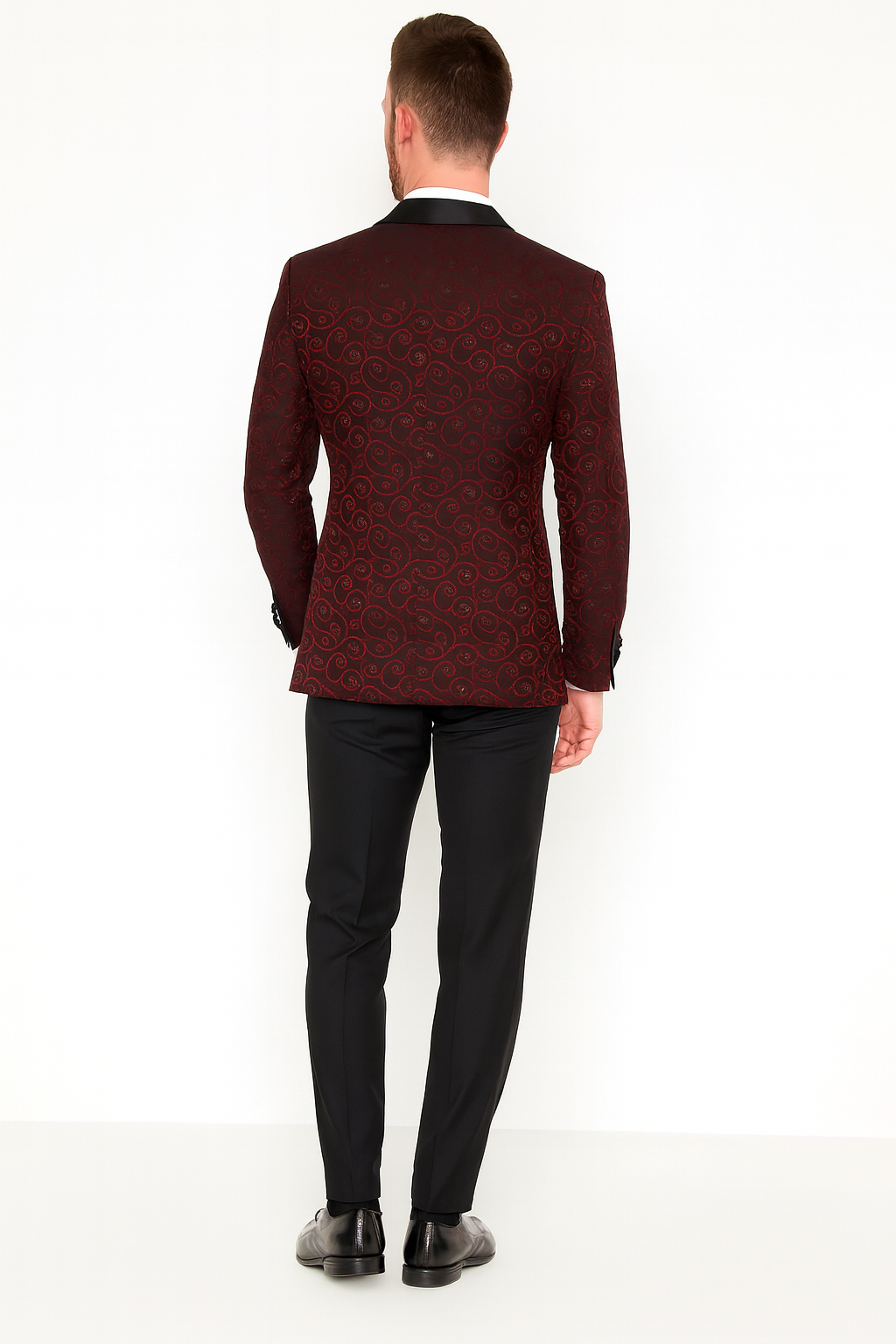 Men’s Burgundy Paisley Tuxedo Jacket with Black Satin Lapel With Bowtie 3   - from alligatorwarehouse.com