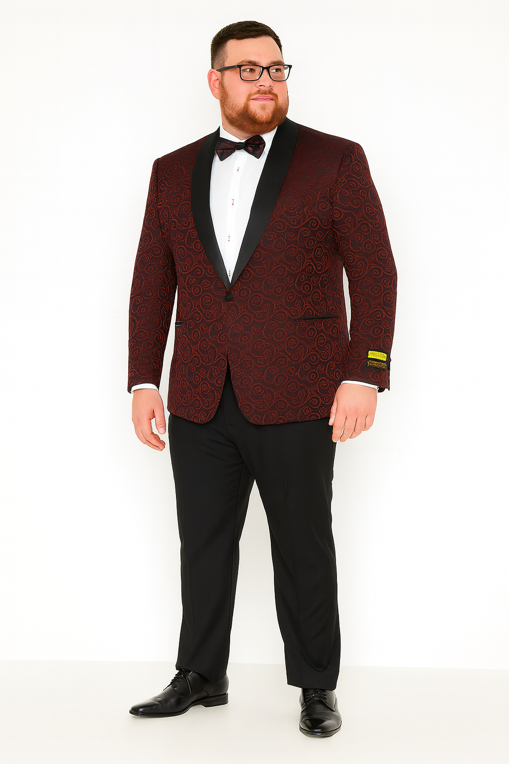 Men’s Burgundy Paisley Tuxedo Jacket with Black Satin Lapel With Bowtie 4   - from alligatorwarehouse.com