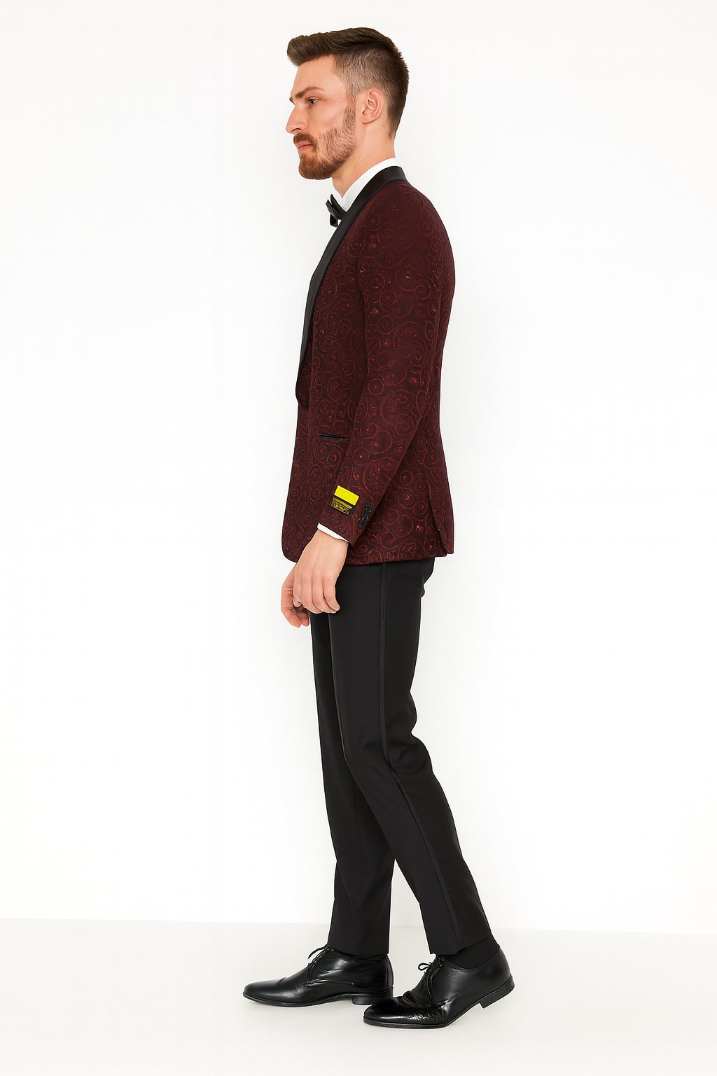 Men’s Burgundy Paisley Tuxedo Jacket with Black Satin Lapel With Bowtie 5   - from alligatorwarehouse.com