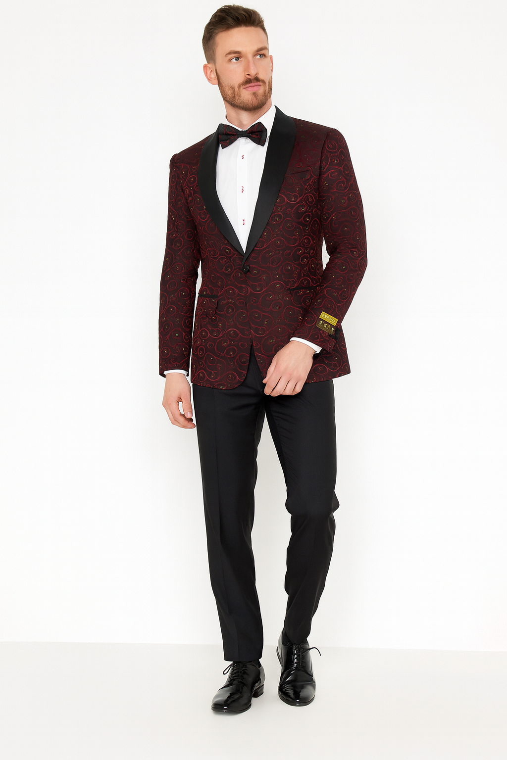 Men’s Burgundy Paisley Tuxedo Jacket with Black Satin Lapel With Bowtie 2   - from alligatorwarehouse.com