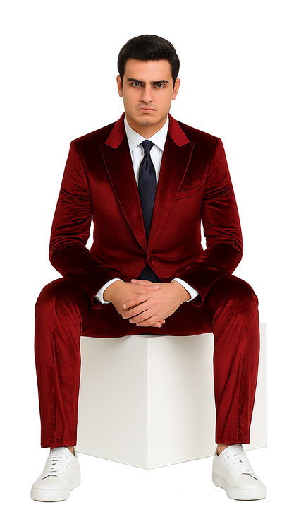 Men’s Burgundy Velvet Peak Lapel Suit – 2-Piece Skinny Fit Formalwear by Tazzio 4 M425SK-02-42R  - from alligatorwarehouse.com