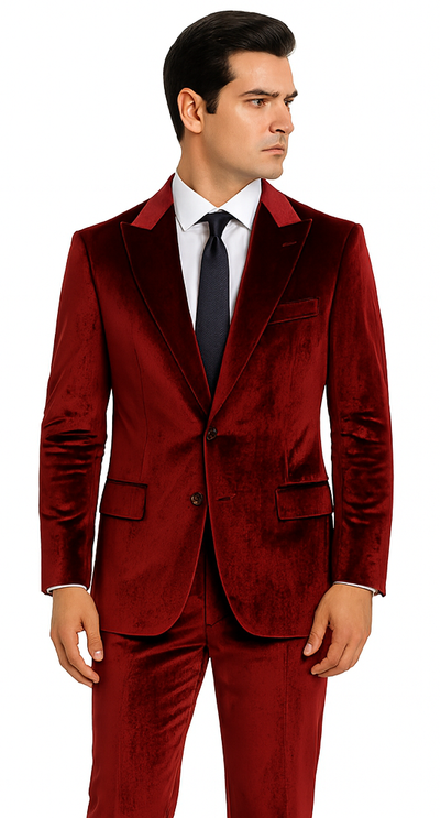 Men’s Burgundy Velvet Peak Lapel Suit – 2-Piece Skinny Fit Formalwear by Tazzio 5 M425SK-02-42R  - from alligatorwarehouse.com