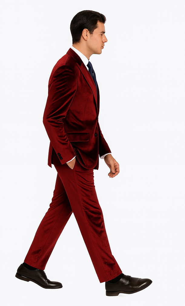 Men’s Burgundy Velvet Peak Lapel Suit – 2-Piece Skinny Fit Formalwear by Tazzio