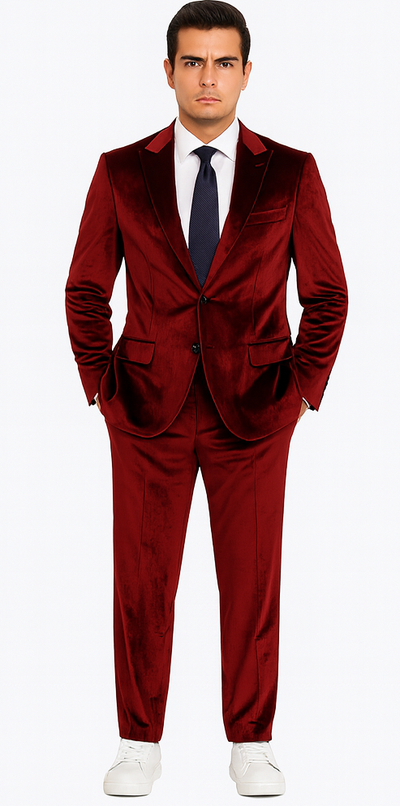 Men’s Burgundy Velvet Peak Lapel Suit – 2-Piece Skinny Fit Formalwear by Tazzio 1 M425SK-02-42R  - from alligatorwarehouse.com