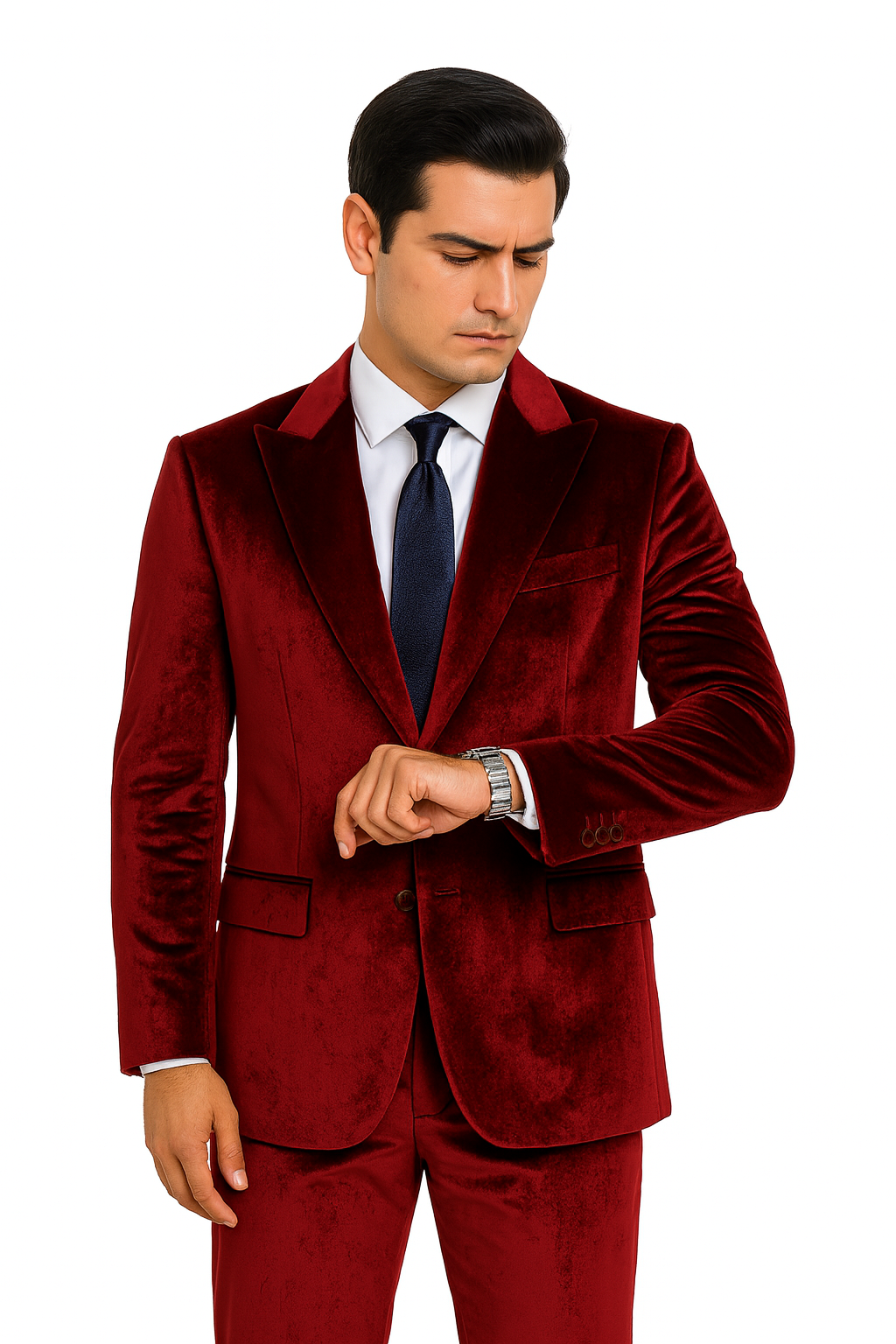 Men’s Burgundy Velvet Peak Lapel Suit – 2-Piece Skinny Fit Formalwear by Tazzio