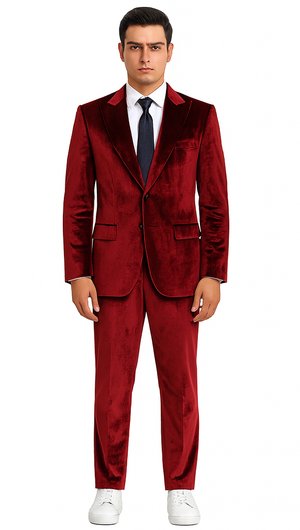 Men’s Burgundy Velvet Peak Lapel Suit – 2-Piece Skinny Fit Formalwear by Tazzio