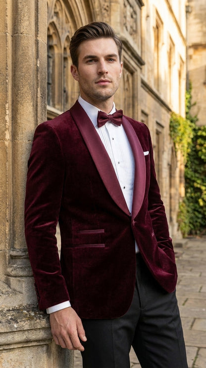 Men’s Burgundy with Burgundy Lapel Velvet Dinner Jacket – Shawl Lapel Tuxedo Blazer for Weddings & Formal Events