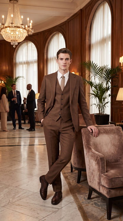 Mens Chestnut Brown 3-Piece Suit – Two-Button Wedding, Business and Formal Suit with Vest Modern Fit