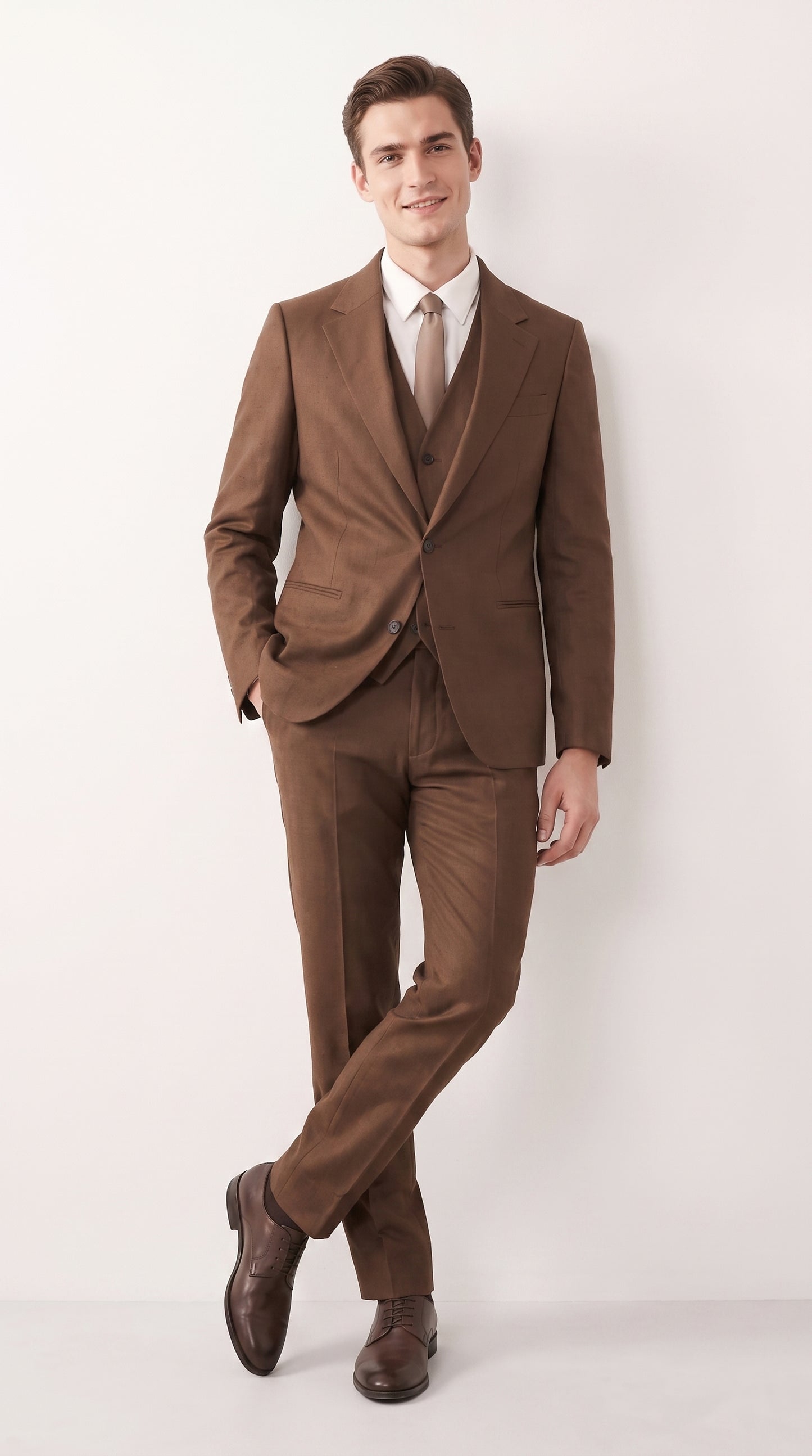 Mens Chestnut Brown 3-Piece Suit – Two-Button Wedding, Business and Formal Suit with Vest Modern Fit