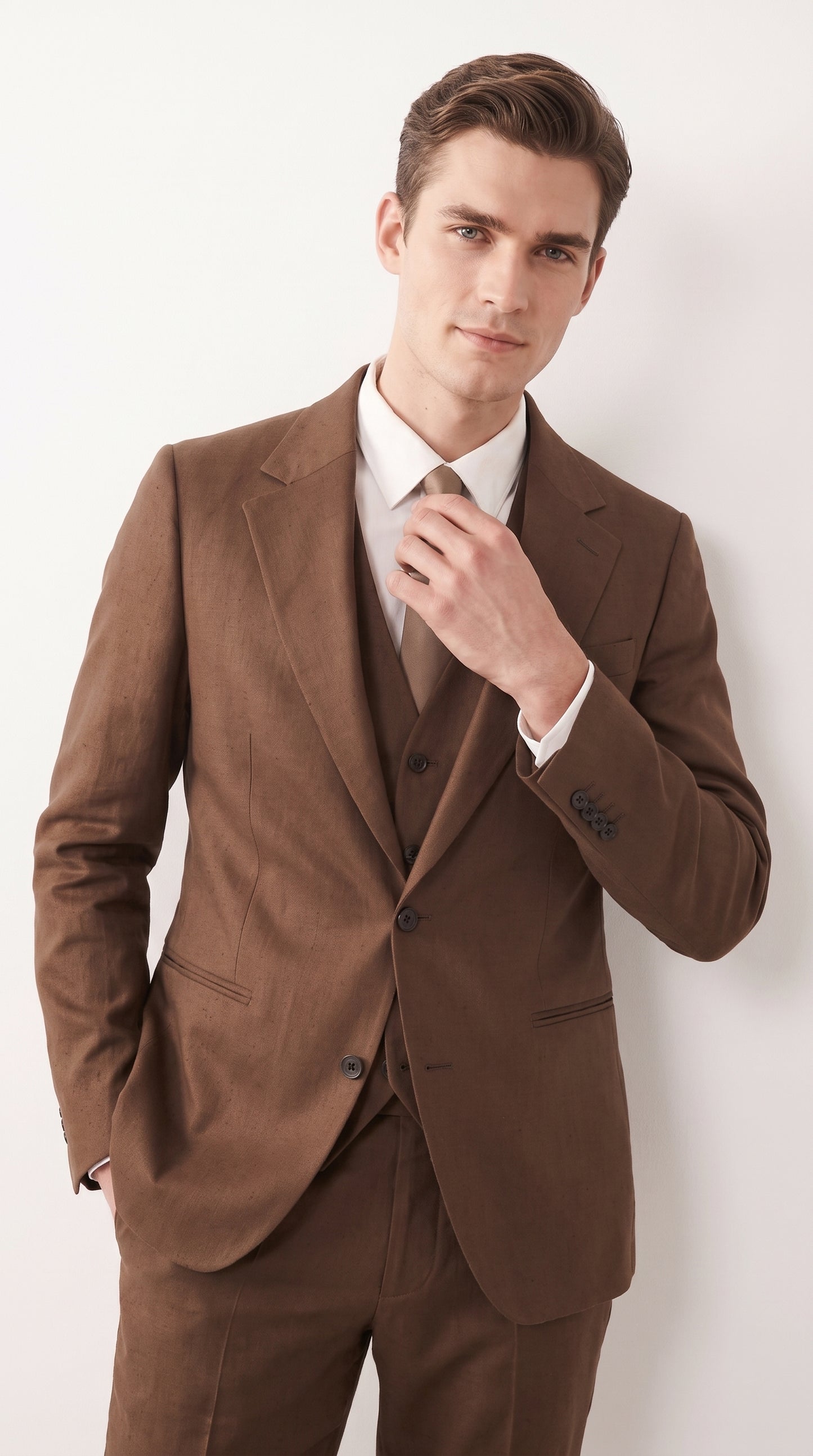 Mens Chestnut Brown 3-Piece Suit – Two-Button Wedding, Business and Formal Suit with Vest Modern Fit