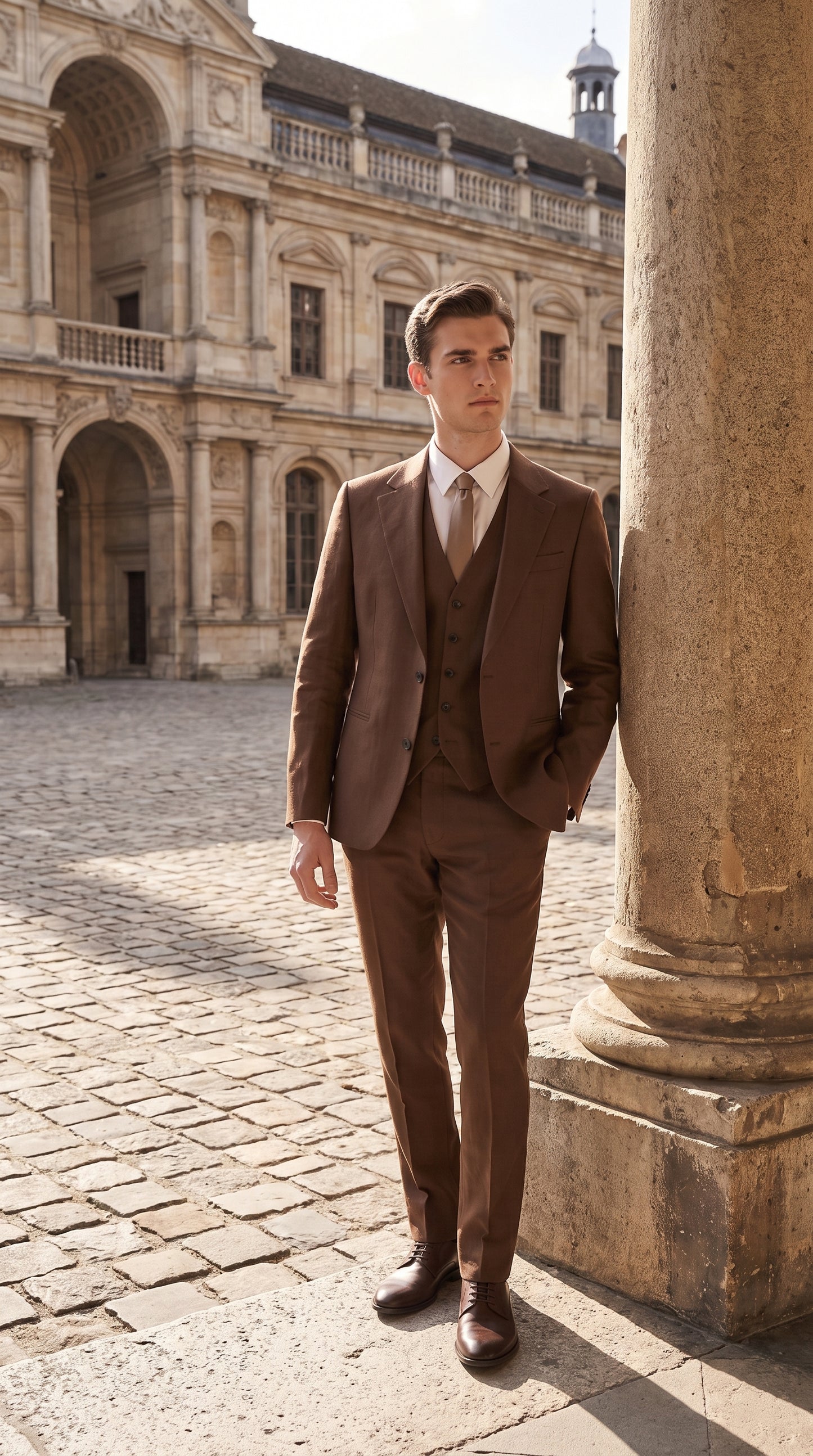 Mens Chestnut Brown 3-Piece Suit – Two-Button Wedding, Business and Formal Suit with Vest Modern Fit