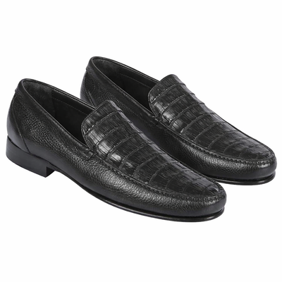 Men’s Executive Black Slip-On Shoes – Genuine Crocodile & Calfskin Leather