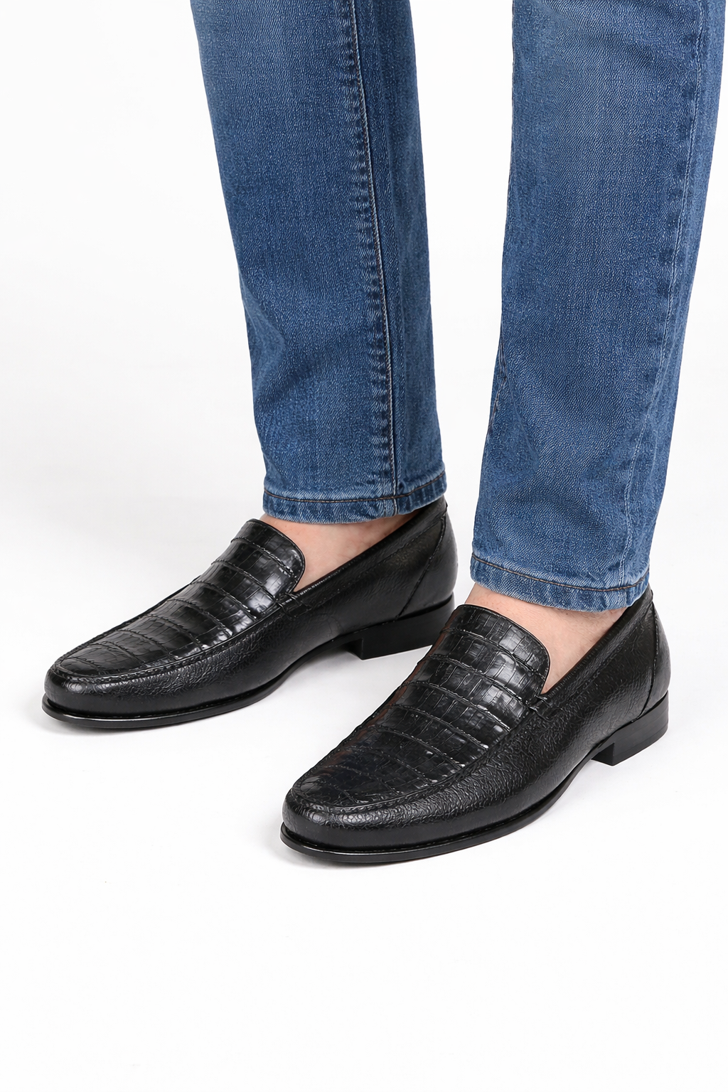 Men’s Executive Black Slip-On Shoes – Genuine Crocodile & Calfskin Leather