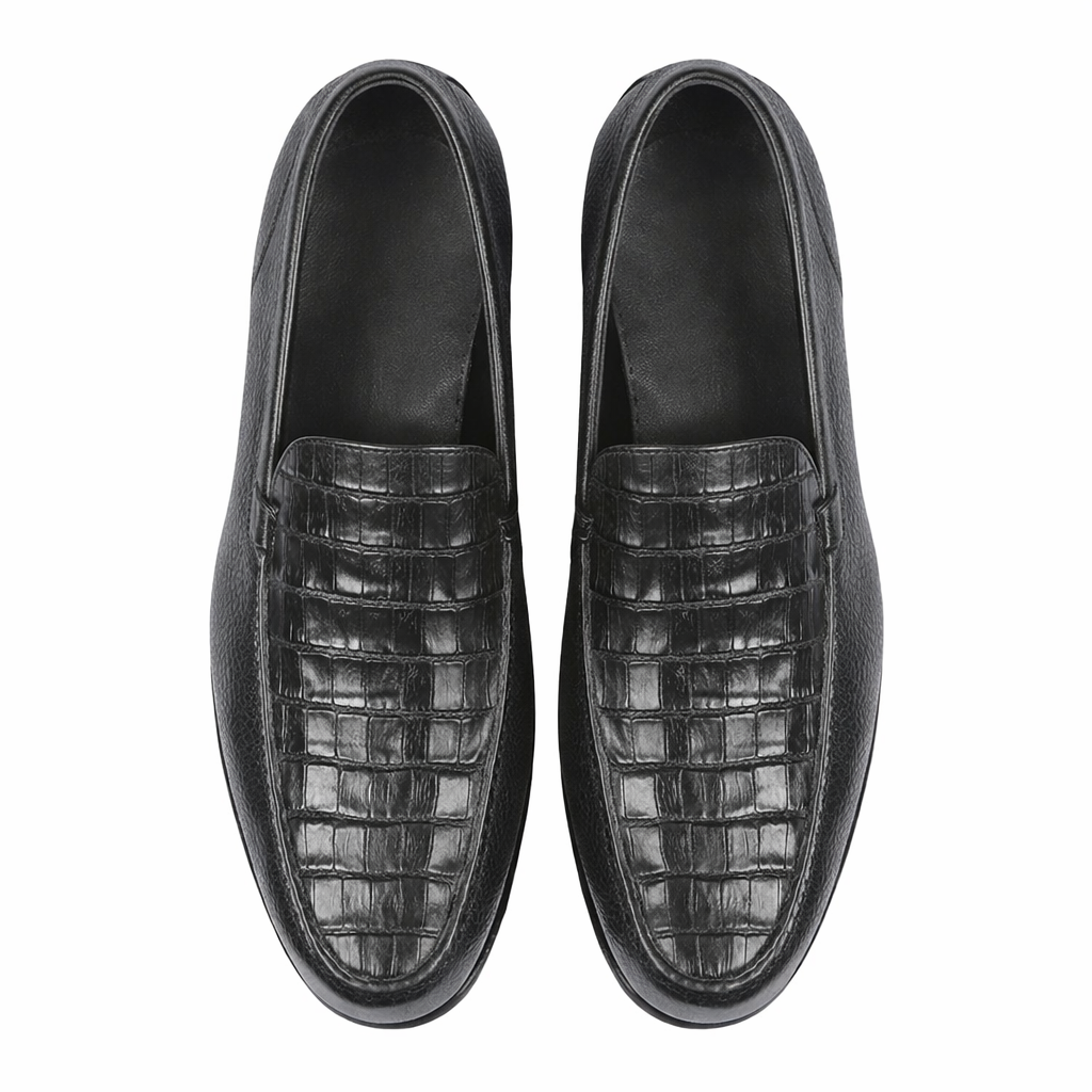 Men’s Executive Black Slip-On Shoes – Genuine Crocodile & Calfskin Leather