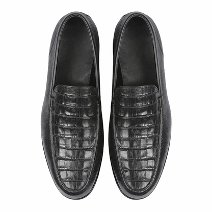 Men’s Executive Black Slip-On Shoes – Genuine Crocodile & Calfskin Leather