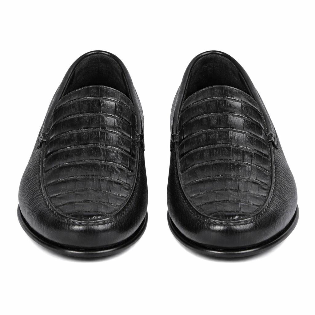 Men’s Executive Black Slip-On Shoes – Genuine Crocodile & Calfskin Leather