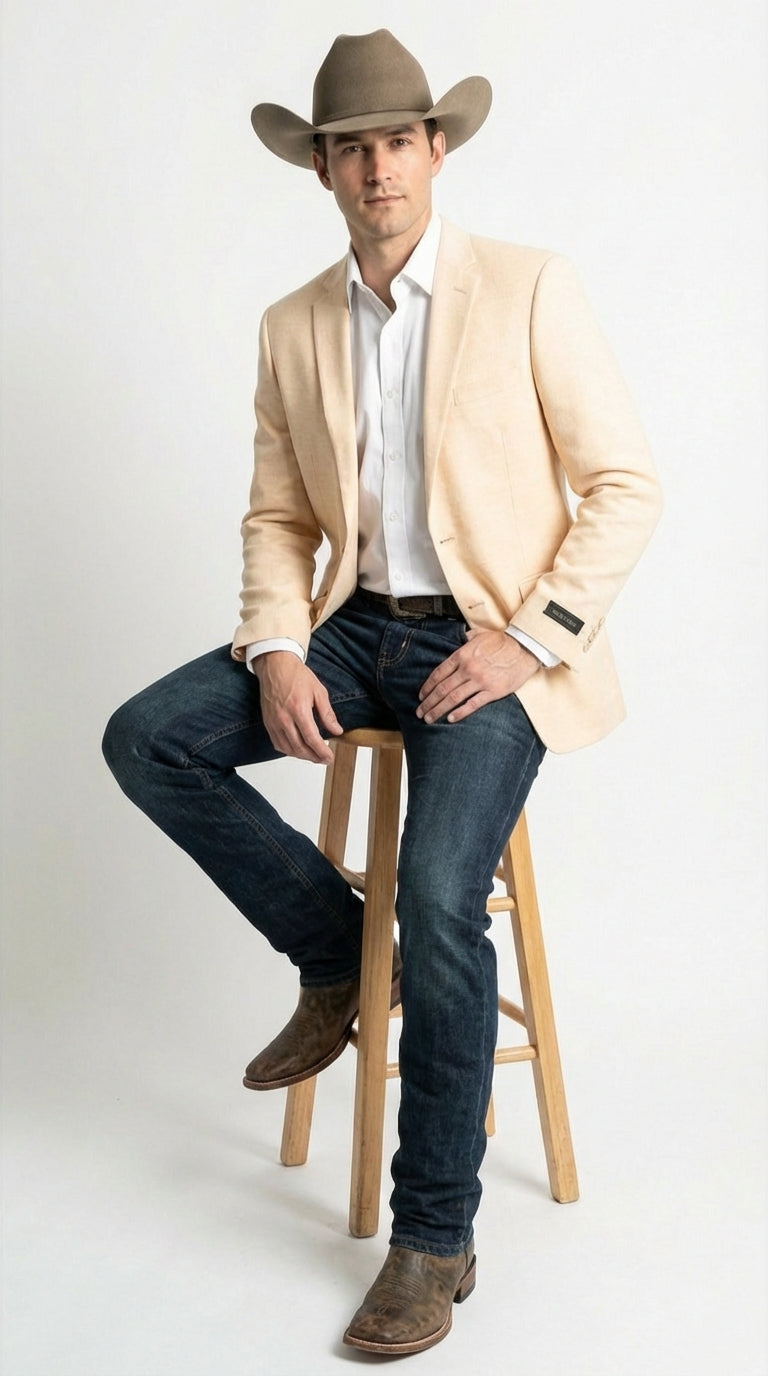Men’s Light Tan Peachish Champaign Cowboy Blazer – Western Style Sport Coat Jacket for Country Wedding, Rodeo