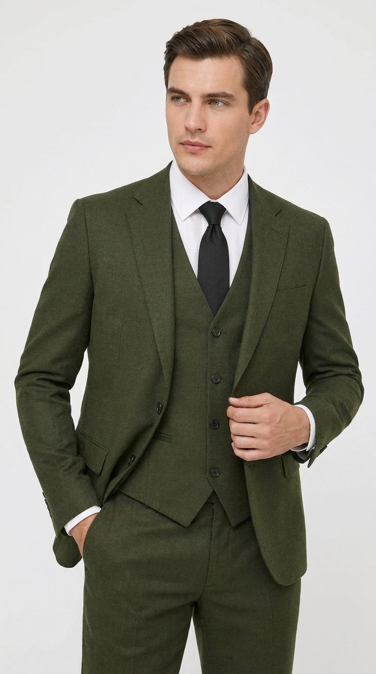 Mens Military Green 3-Piece Suit – Slim Fit Wedding, Business & Formal Suit with Vested Set