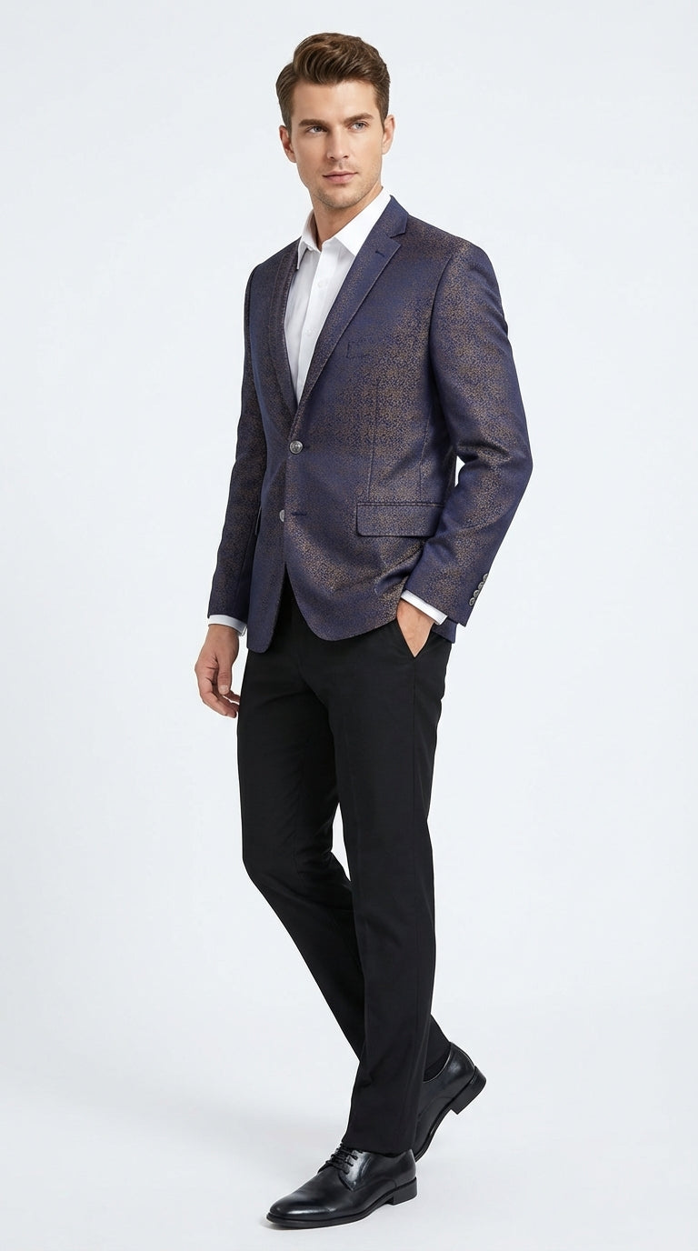 Men’s Navy Blue Plum Burgundy and Gold Jacquard Blazer – Elegant Two Button Formal Dinner Jacket Sport Coat Paisley Floral