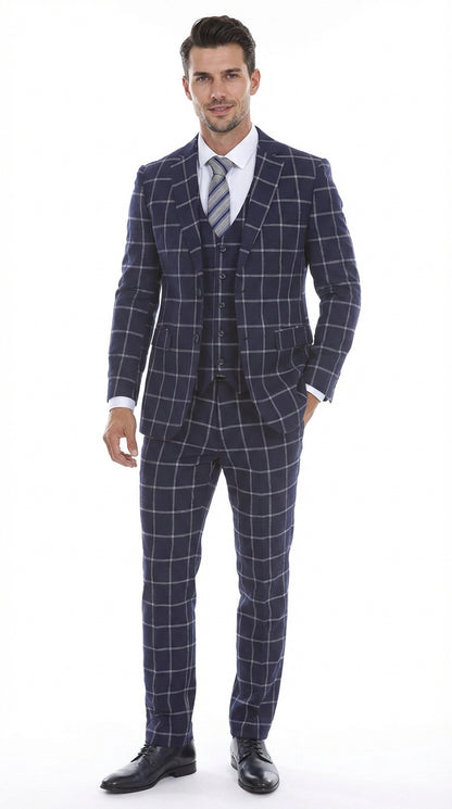 Men’s Navy Blue Windowpane Check Three Piece Suit – Modern Plaid Formal Vested Suit
